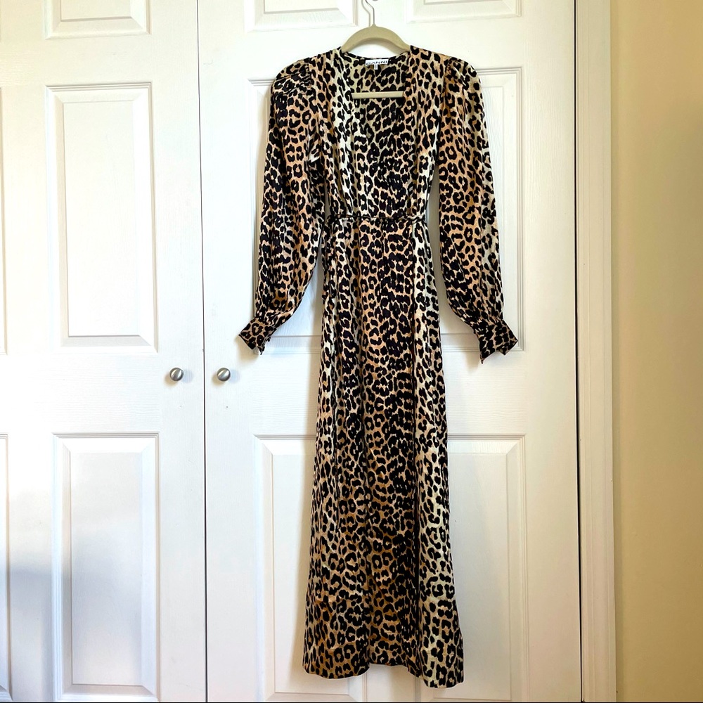 GANNI Silk-Blend Leopard Print Maxi Wrap Dress